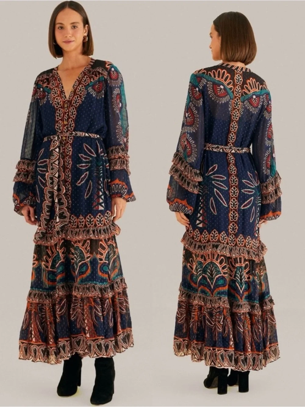 Farm Rio Orange Ainika Tapestry Slit Maxi Dress